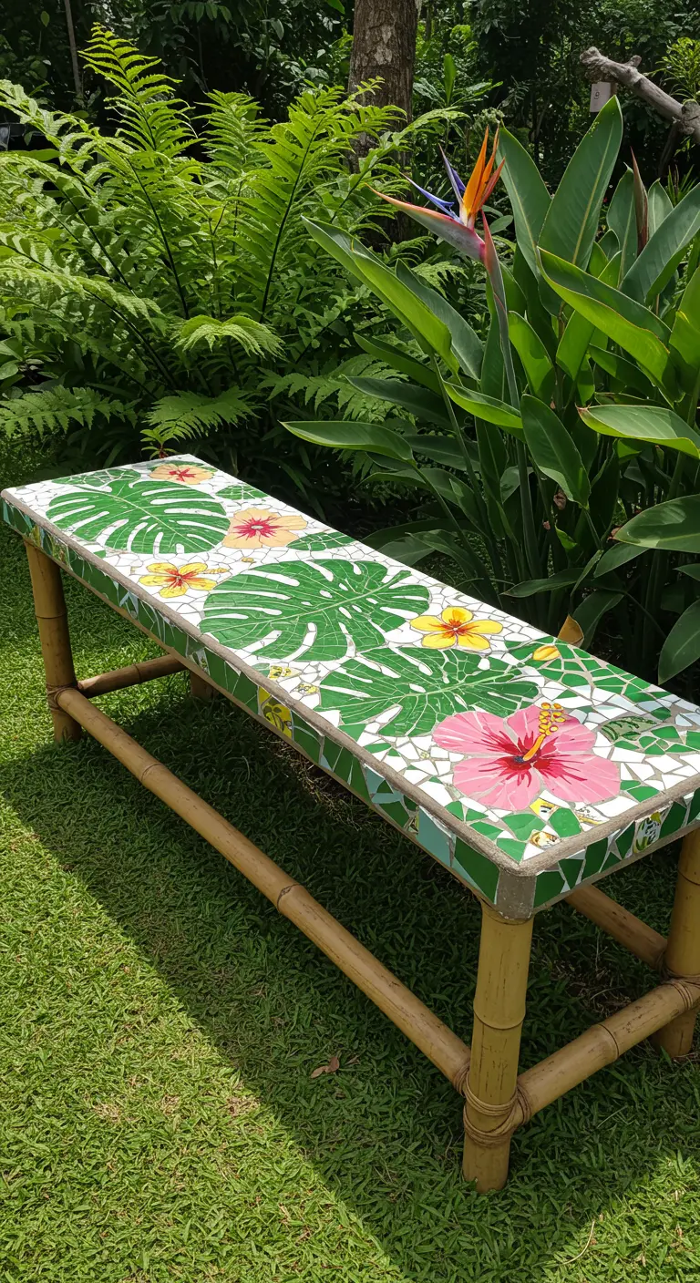 A bamboo-framed bench with a vibrant mosaic of green monstera leaves and pink and yellow hibiscus flowers.