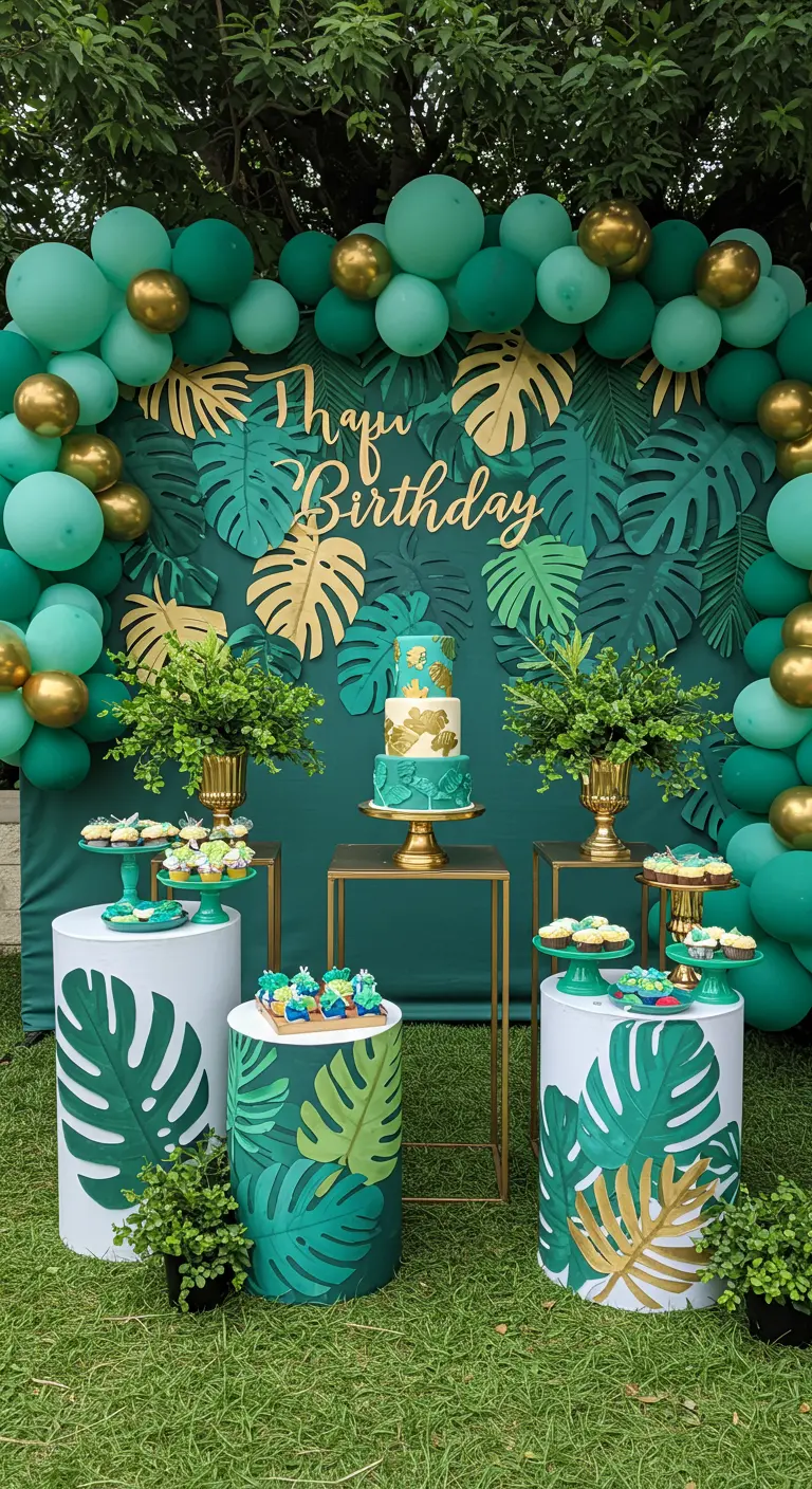 White pedestals decorated with painted green and gold monstera leaves at a tropical party.