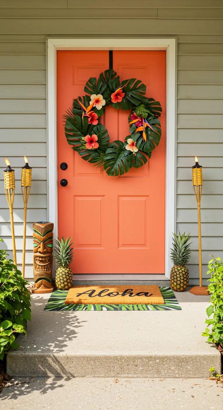 Coral door with a tropical leaf and flower wreath, tiki torches, and pineapples.