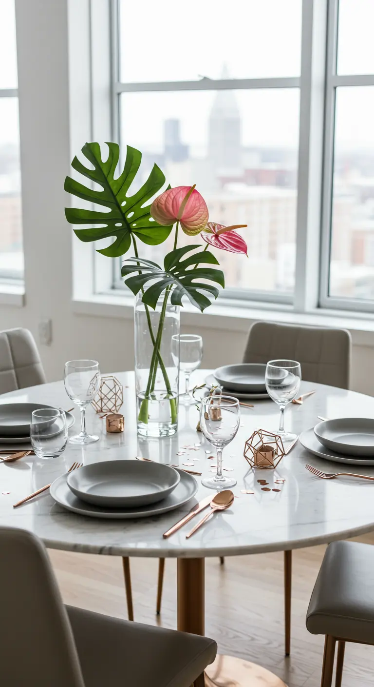 Minimalist table with Monstera leaves, grey plates, and rose gold cutlery.