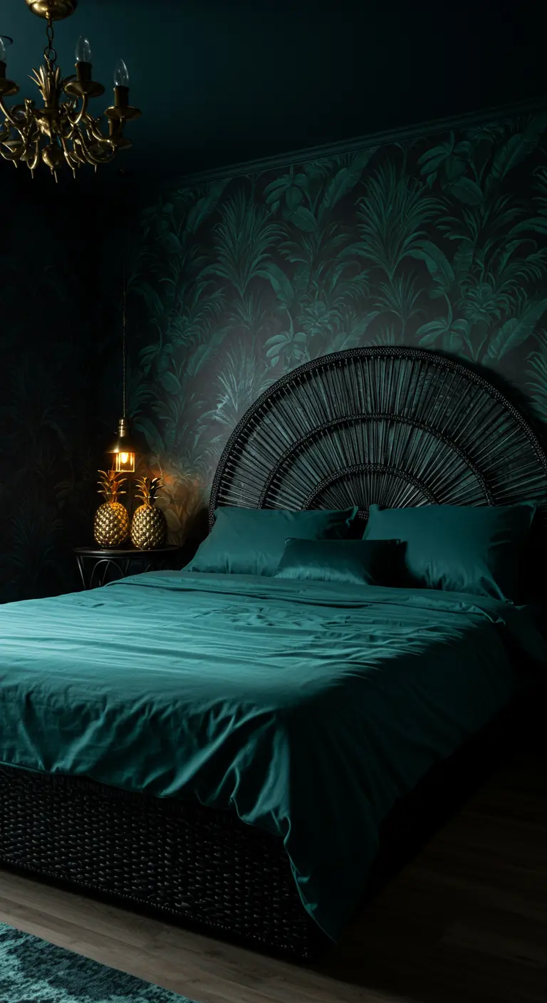 Dark teal bedroom with tropical leaf wallpaper and a black rattan headboard.