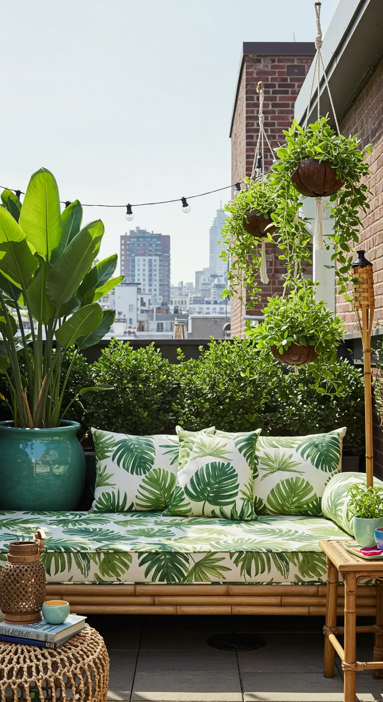Urban rooftop with a bamboo daybed, large tropical plants, and hanging baskets.