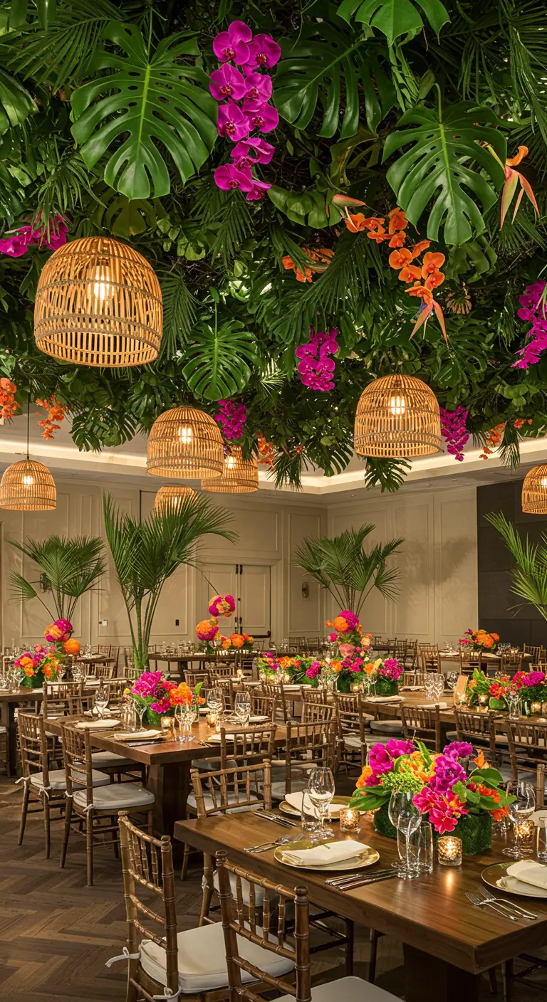 A tropical ceiling of monstera leaves and pink orchids with hanging rattan pendant lights.