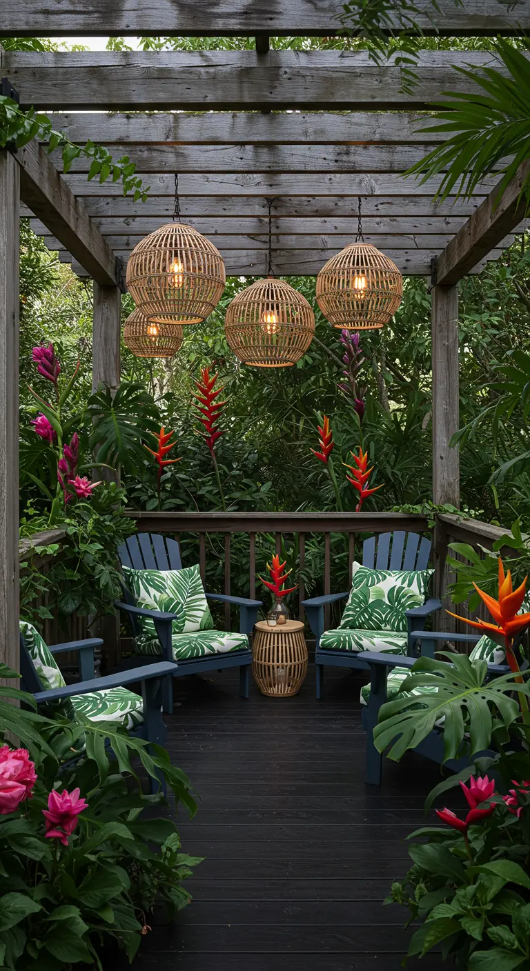 Adirondack chairs with palm-leaf cushions under a pergola with large rattan pendant lights.