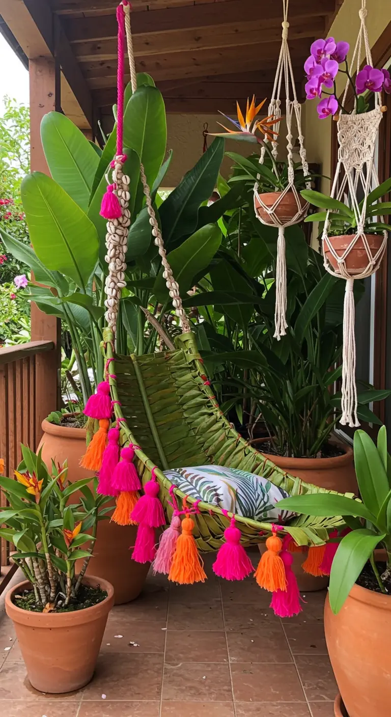 A hammock made of woven leaves with pink tassels, surrounded by tropical plants and orchids.