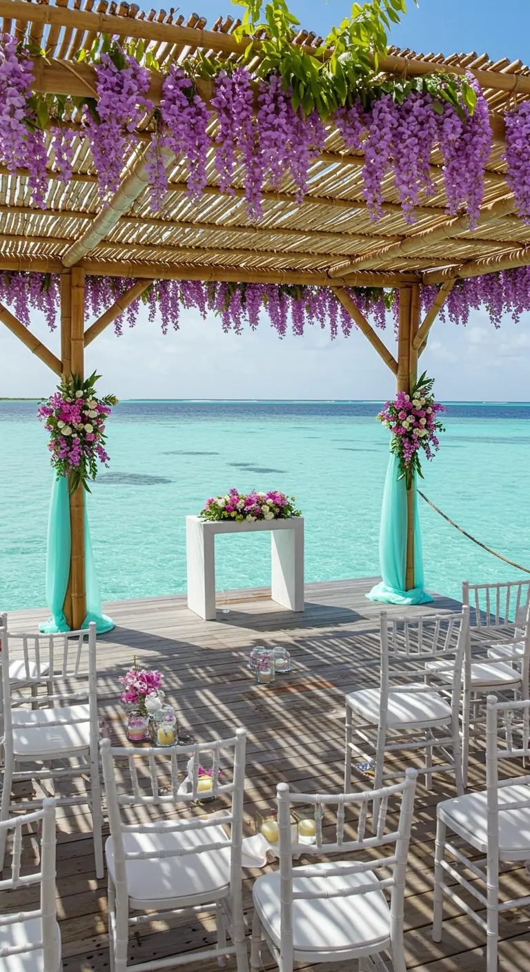 Bamboo wedding canopy over turquoise water with purple wisteria and teal drapes.