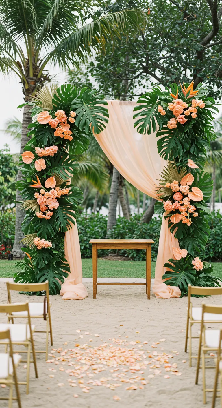 A lush wedding arch made of monstera leaves and peach tropical flowers.