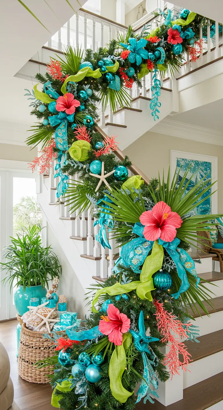 White staircase with vibrant tropical garland, hibiscus flowers, and teal ornaments.