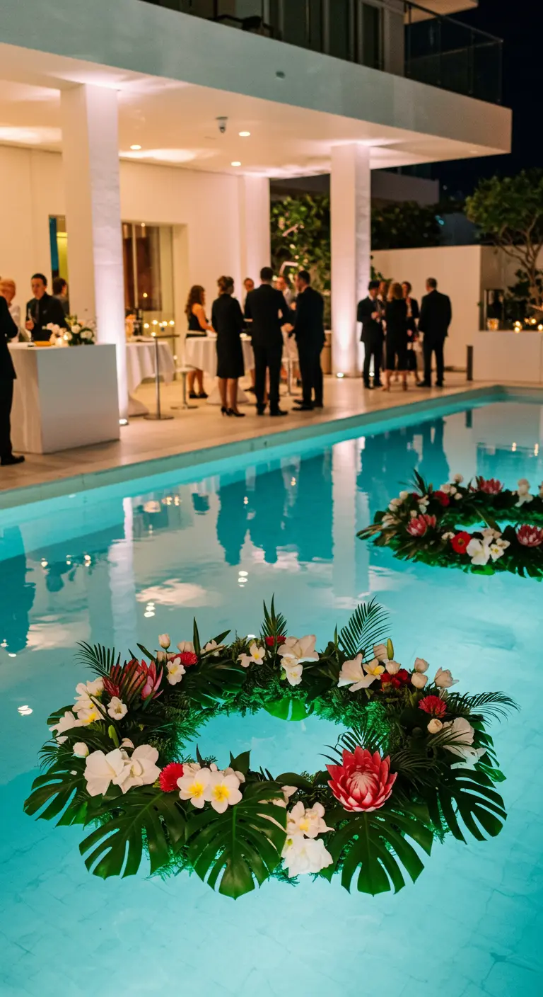 Floating floral wreaths with monstera leaves, white orchids, and pink water lilies in a pool.