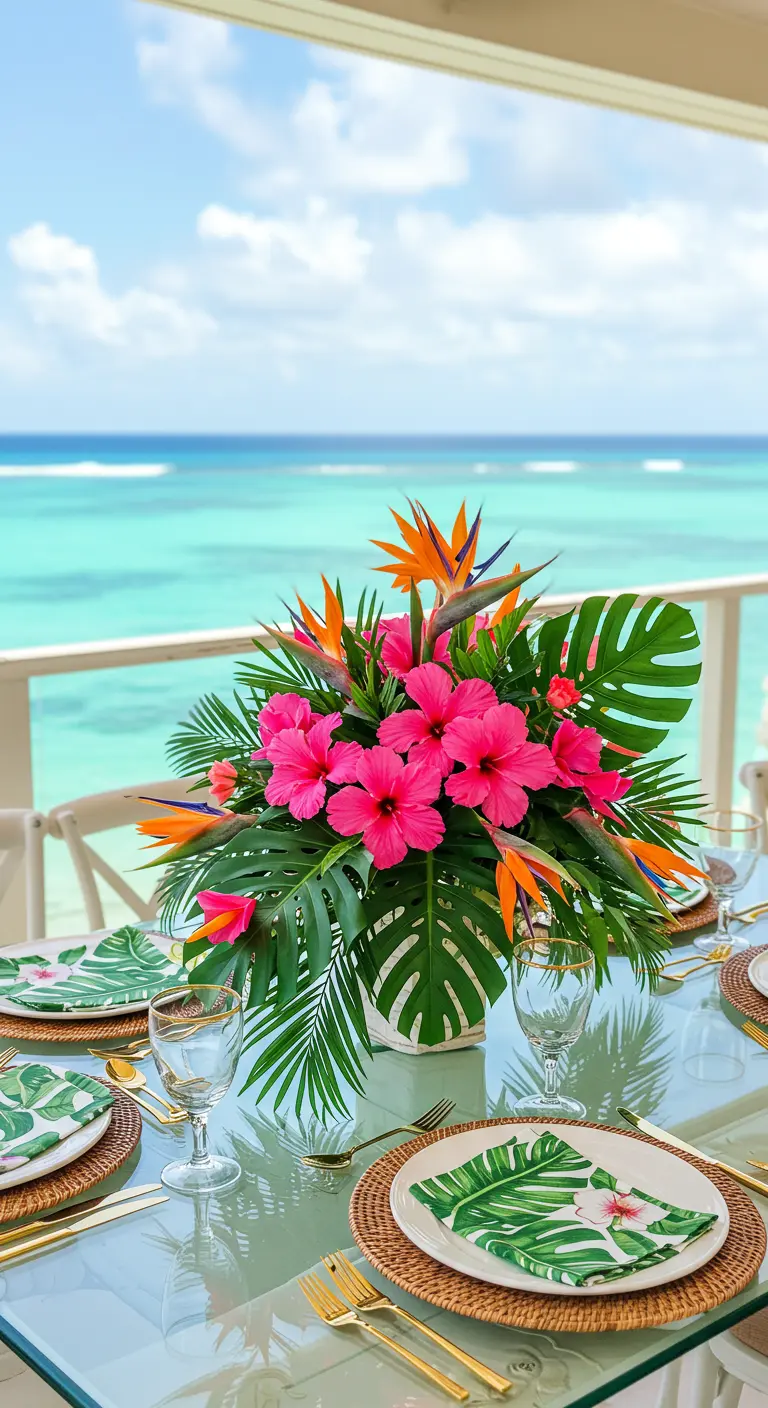 A tropical tablescape overlooking the ocean with hibiscus, monstera leaves, and matching plates.