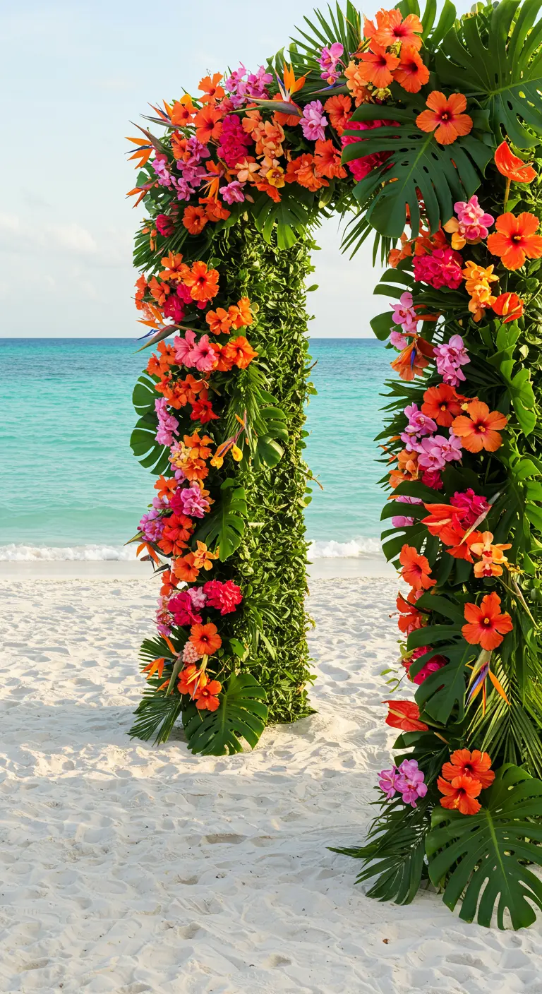 Tropical wedding arch with vibrant orange and pink flowers on a beach.