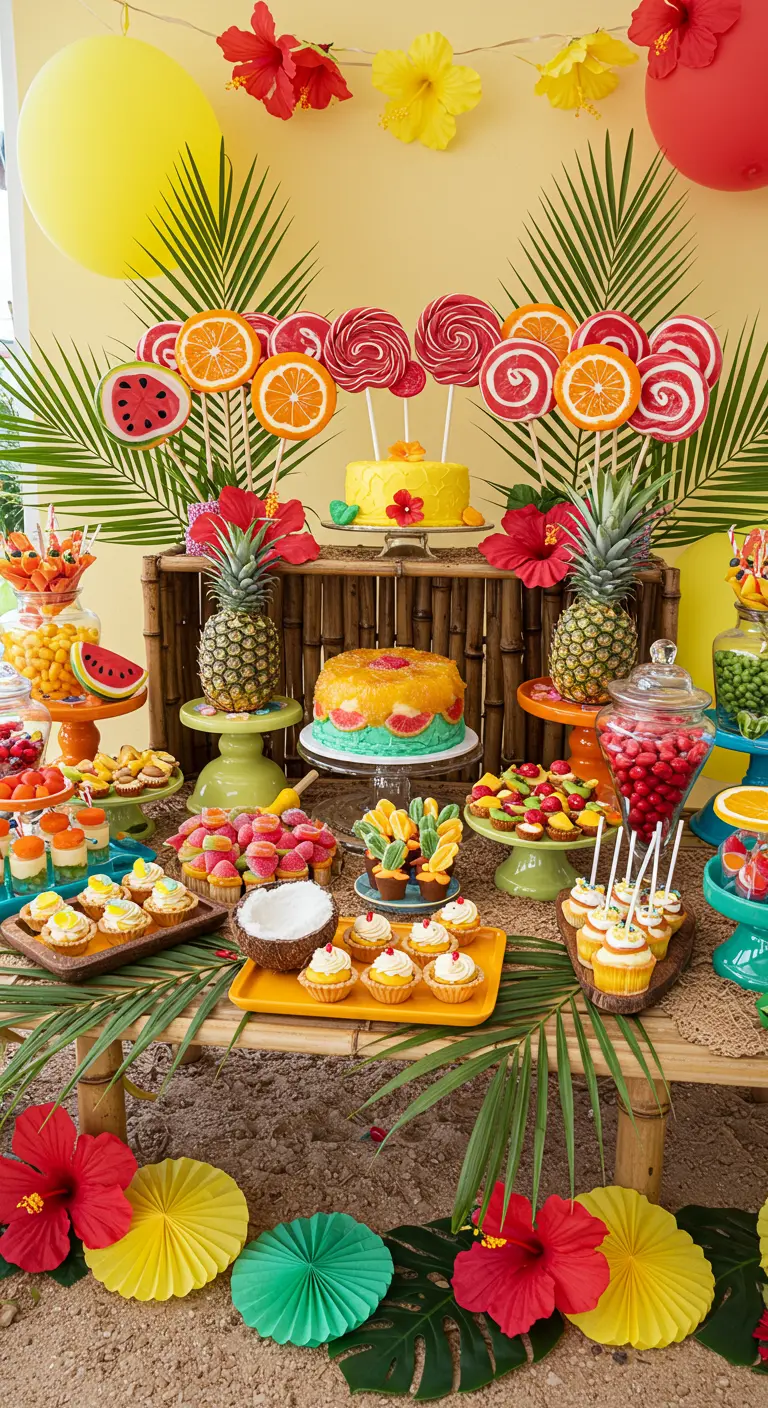 Tropical-themed dessert table with fruit-shaped candies, pineapples, and palm leaves.