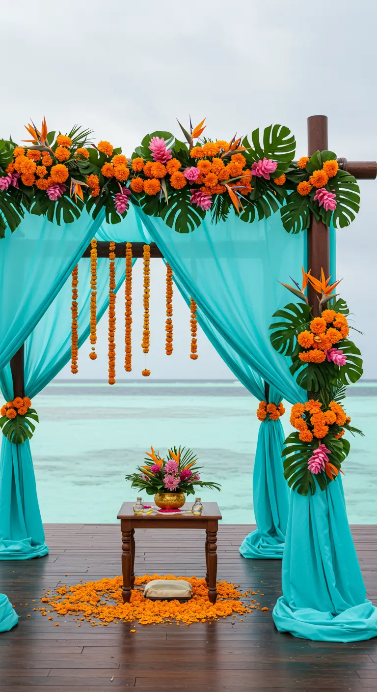 A seaside wedding arch with marigolds, tropical monstera leaves, and bright turquoise drapes.