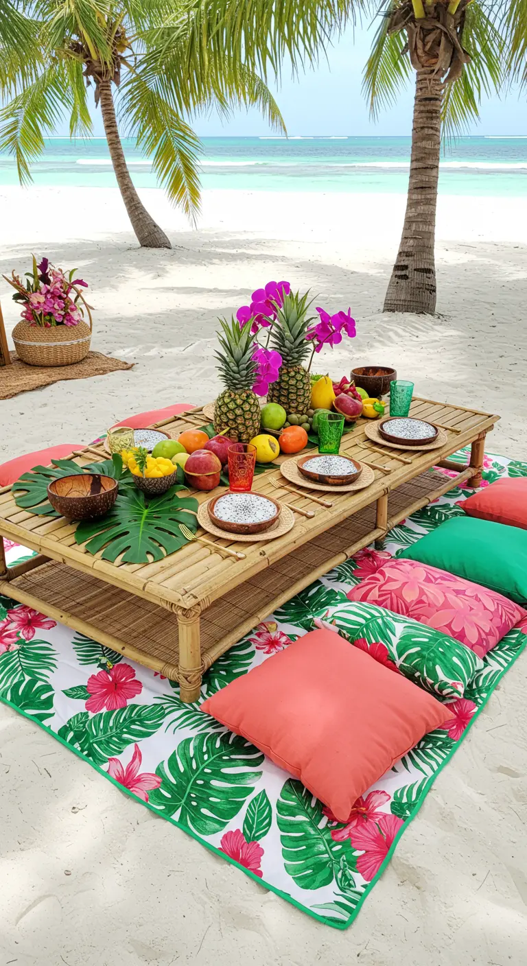 Tropical beach picnic with a bamboo table, pineapple decor, and palm leaf blanket.