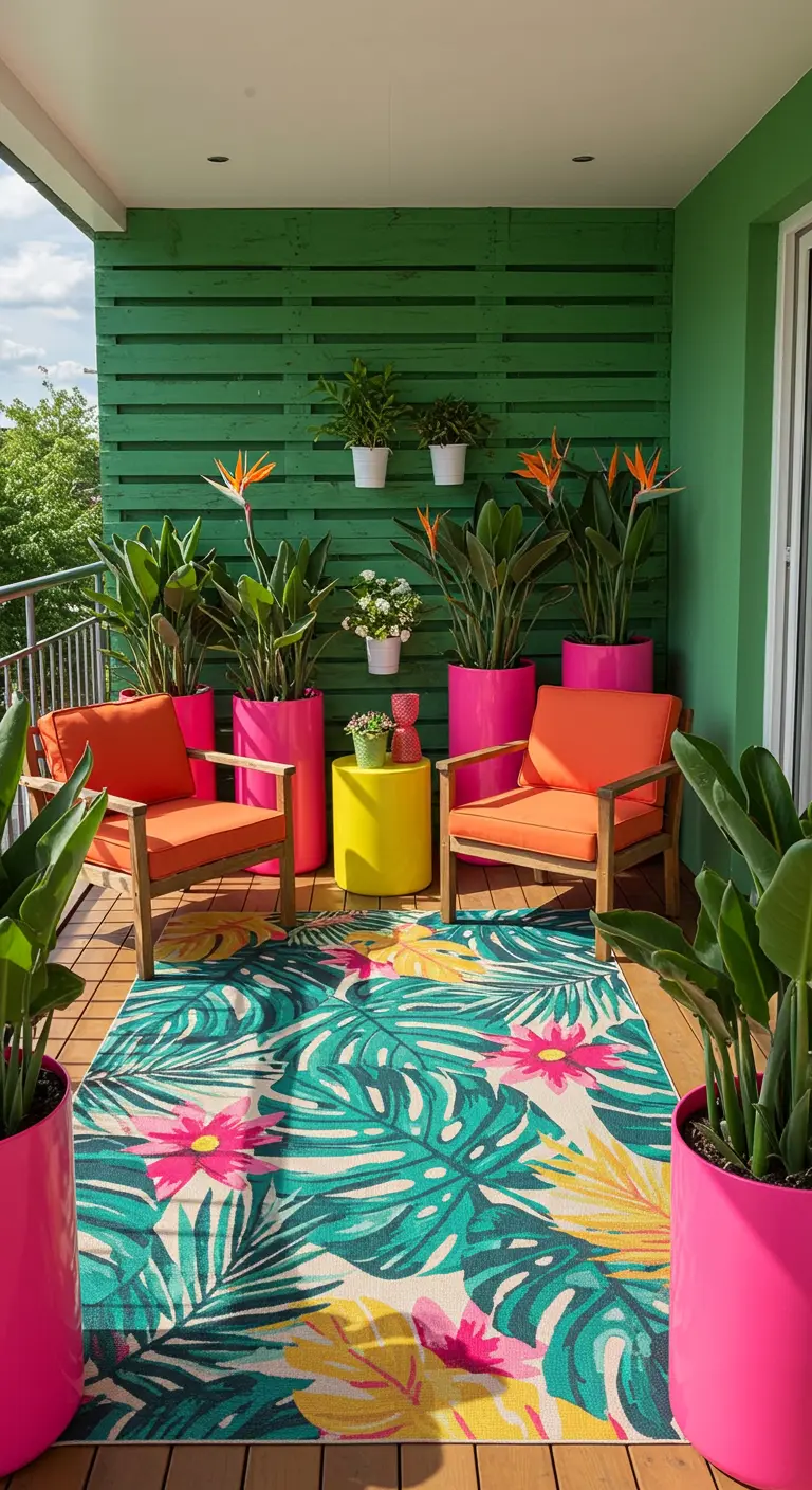 Balcony with green pallet wall, hot pink planters, and a bold tropical leaf print rug.