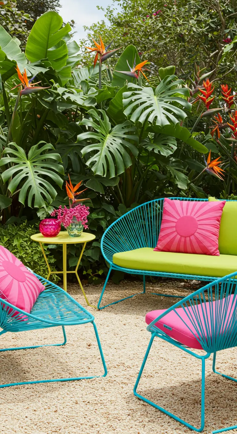 Turquoise wireframe chairs and a loveseat with bright pink and green cushions in a lush tropical garden.
