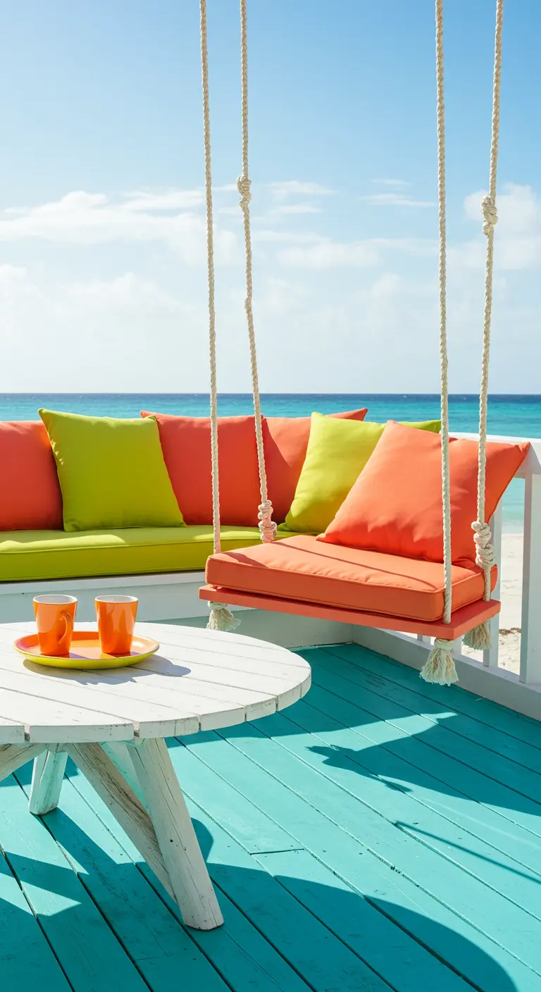 Bright turquoise deck with a white table and a swing with bright orange and green cushions.
