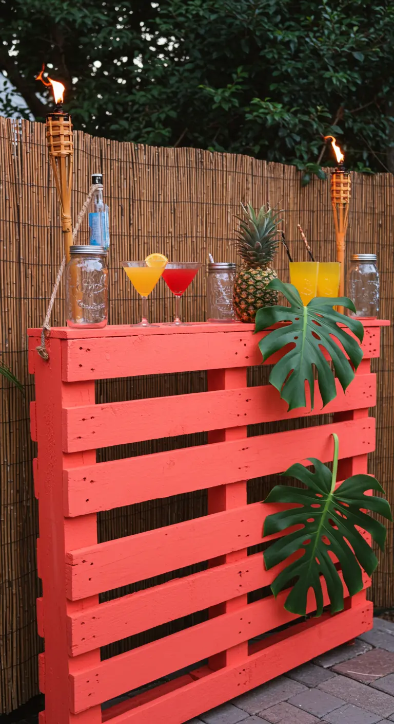 A bright coral-painted pallet bar in front of a bamboo fence, styled with tropical drinks and leaves.