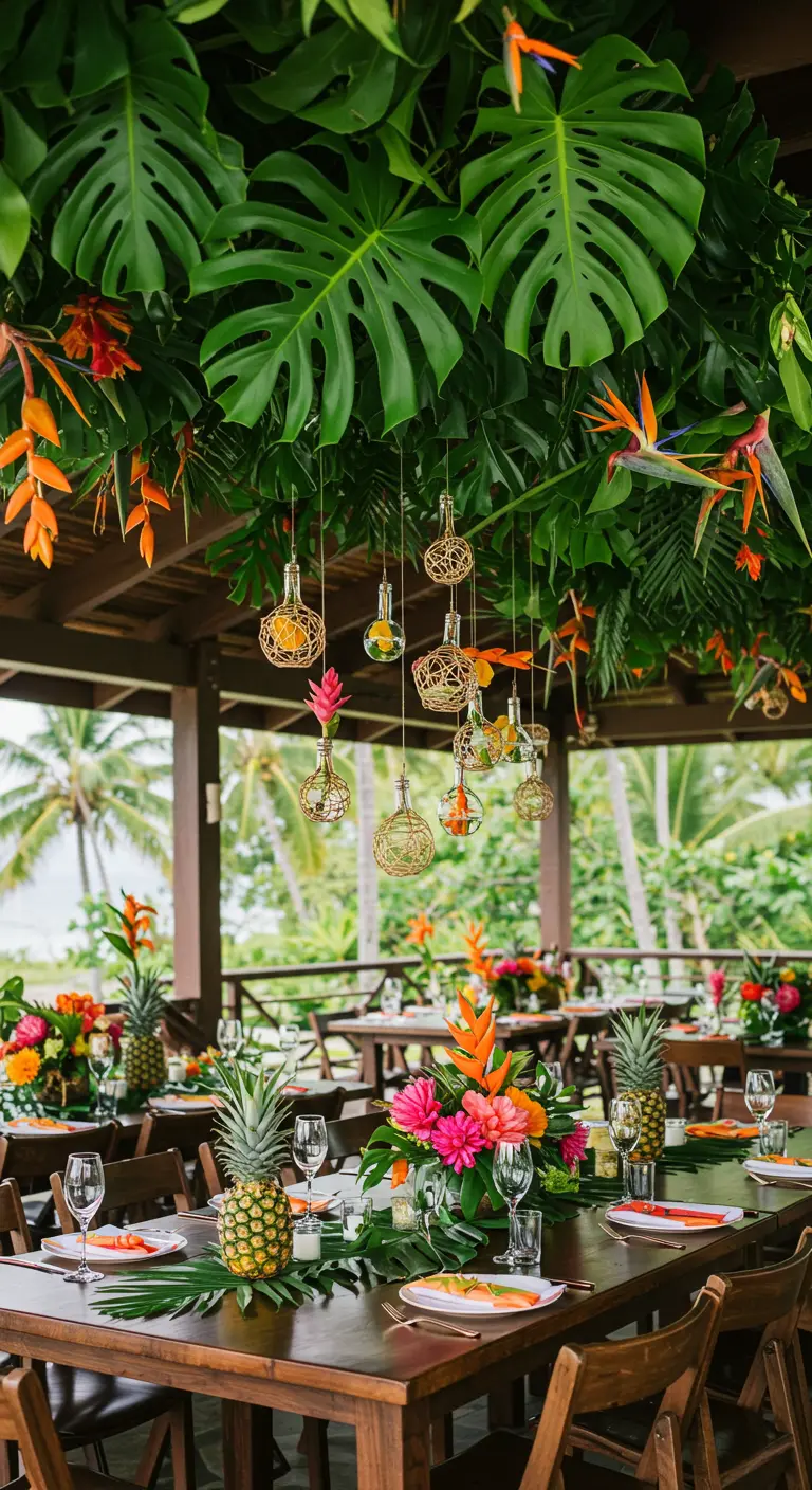 A tropical wedding table with a ceiling of monstera leaves and hanging woven vases.