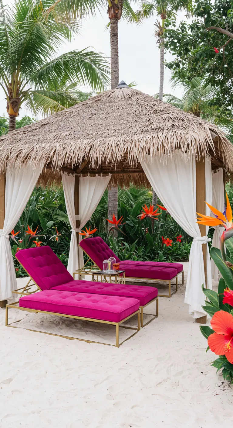 Bright magenta velvet chaises under a thatched cabana on a white sand beach.