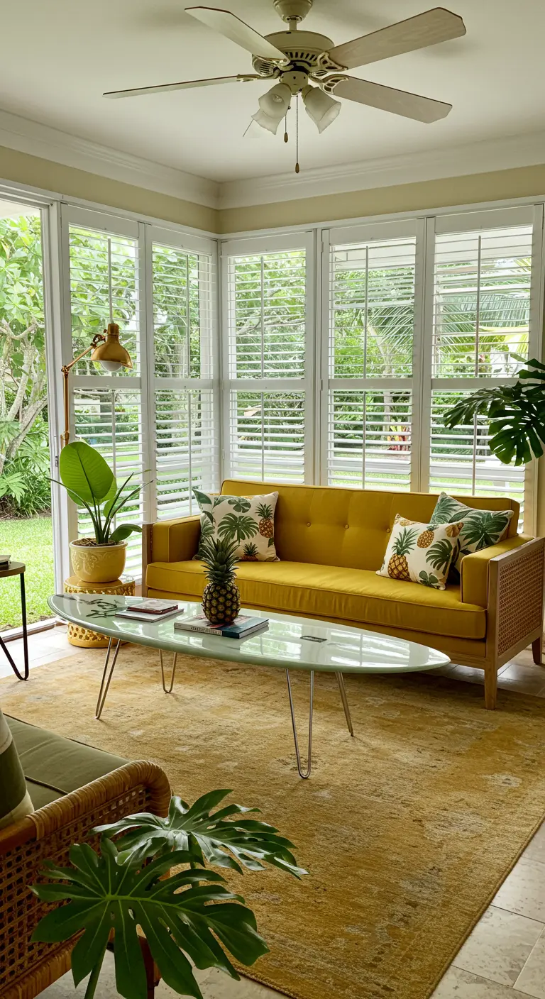 A mustard sofa with rattan arms in a sunroom, styled with pineapple pillows and tropical plants.