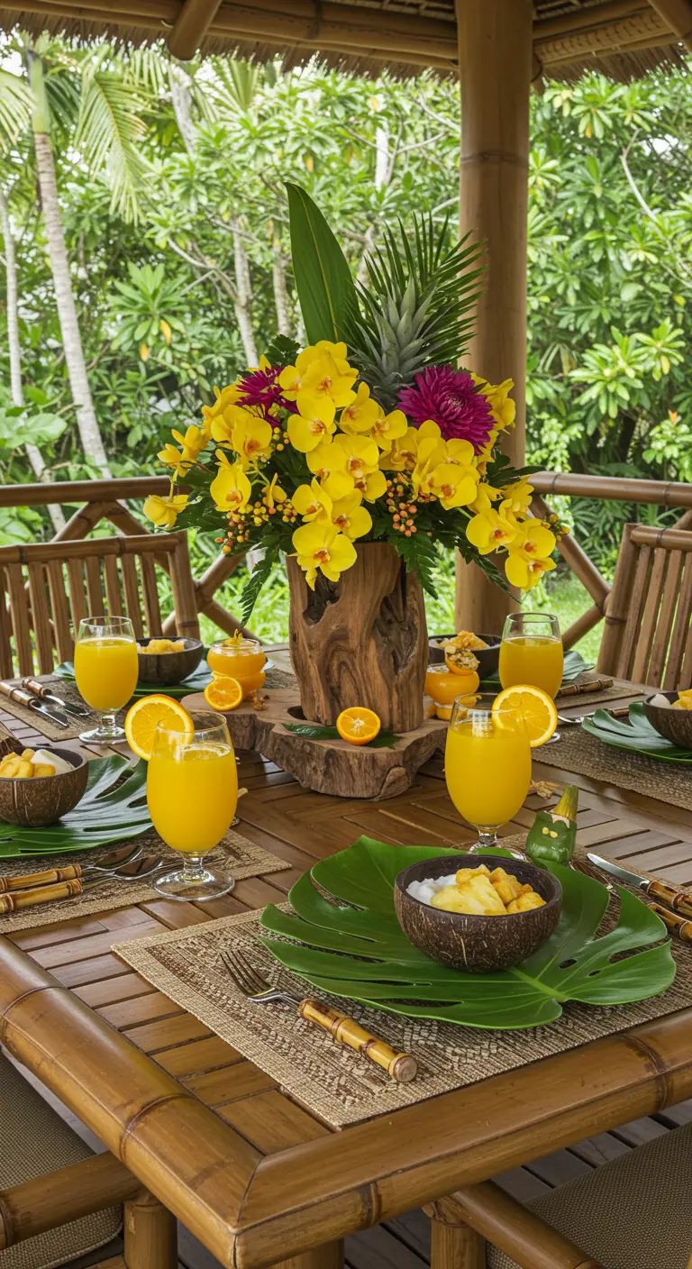 A tropical-themed table with monstera leaf placemats, bamboo furniture, and yellow flowers.