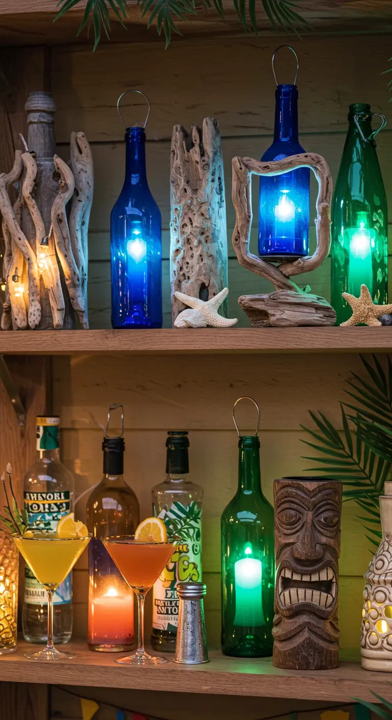 A tiki bar shelf decorated with blue and green wine bottle lanterns and tiki decor.