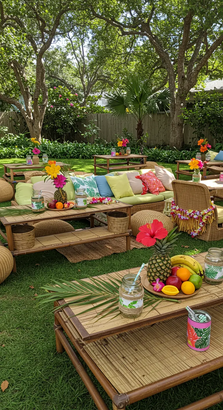Tropical backyard party with low bamboo tables, colorful cushions, and jars for drinks and flowers.