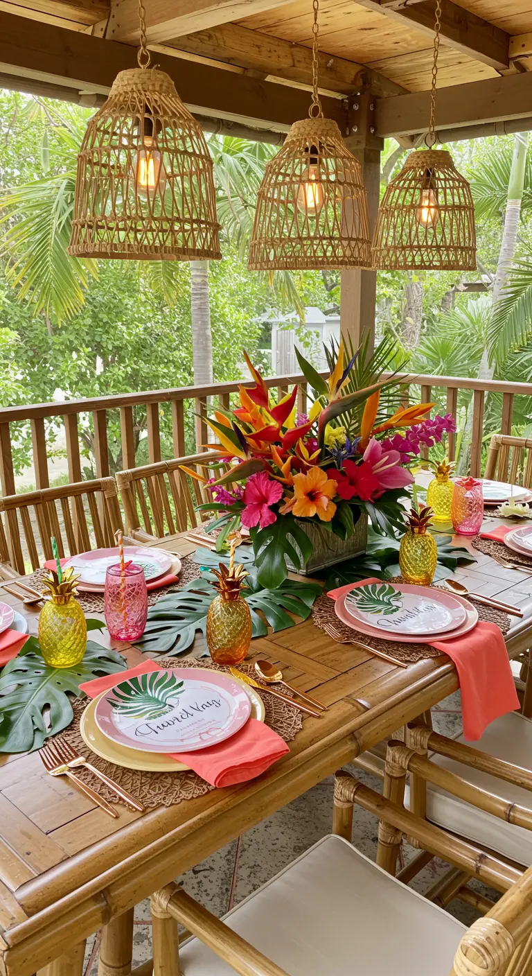 Tropical-themed table with bamboo furniture, monstera leaves, and pineapple cups.