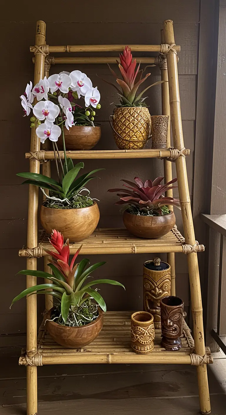 A bamboo ladder holding orchids and bromeliads in tropical-themed pots and decor.