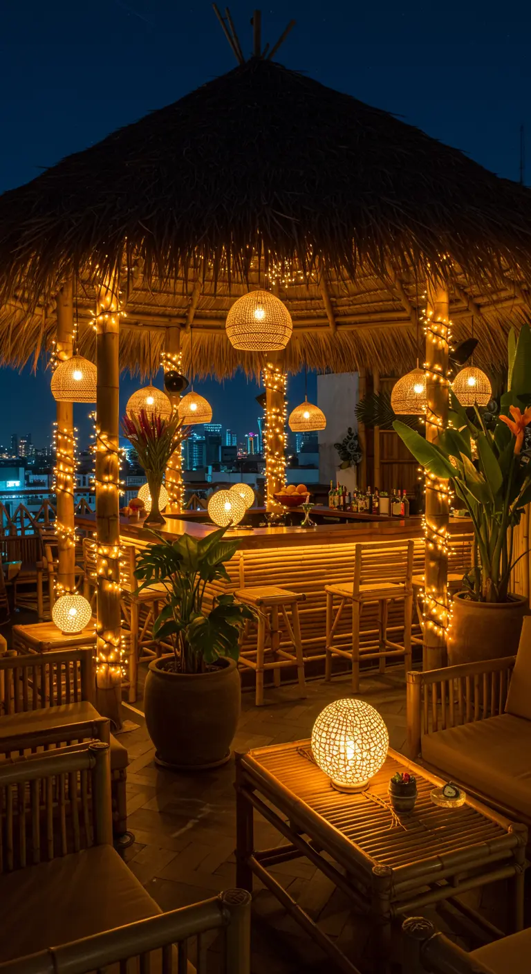 A rooftop tiki bar at night, decorated with wrapped string lights and woven pendant lamps.