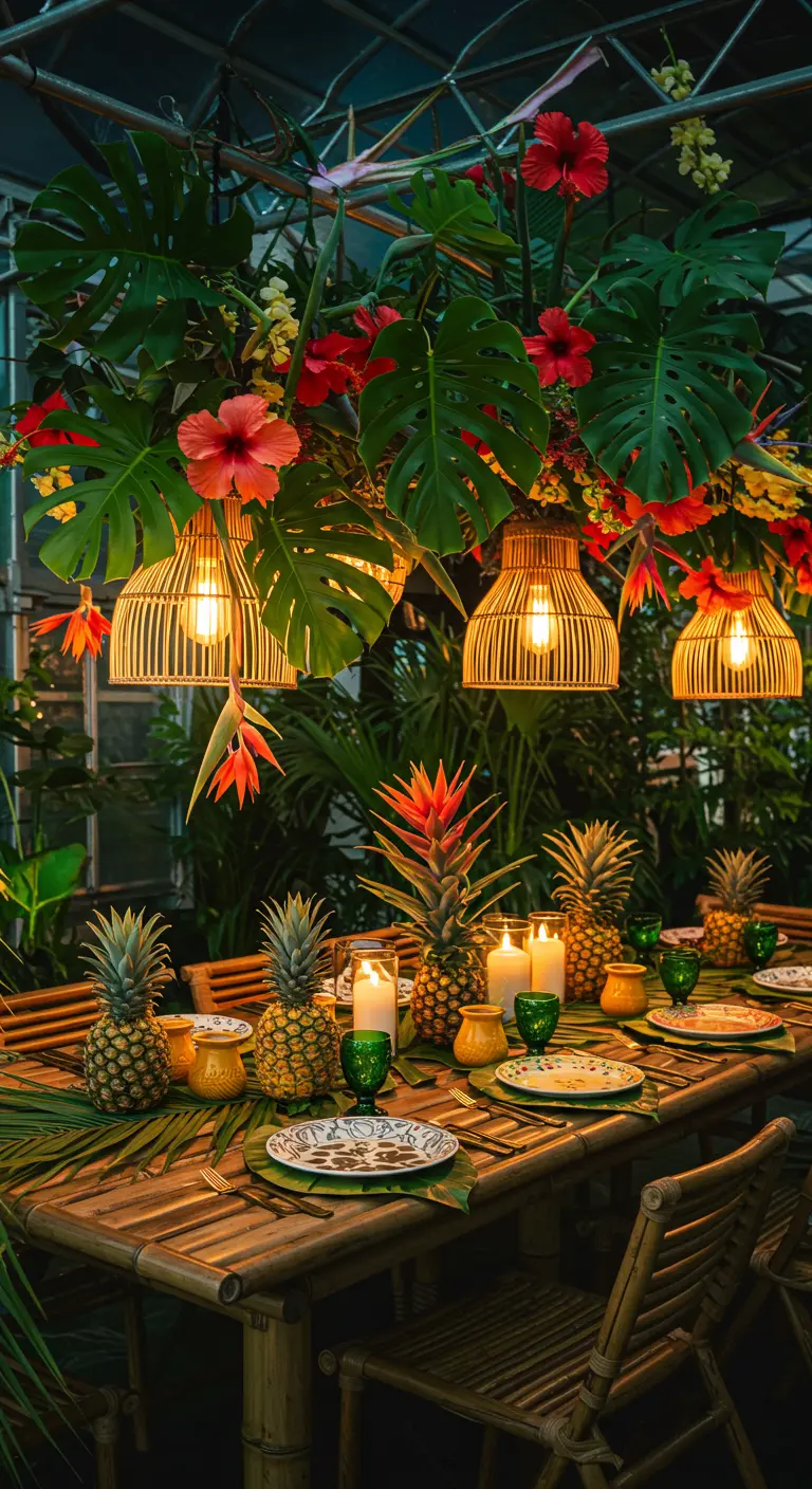 Tropical dining table under rattan lampshades and hibiscus flowers.