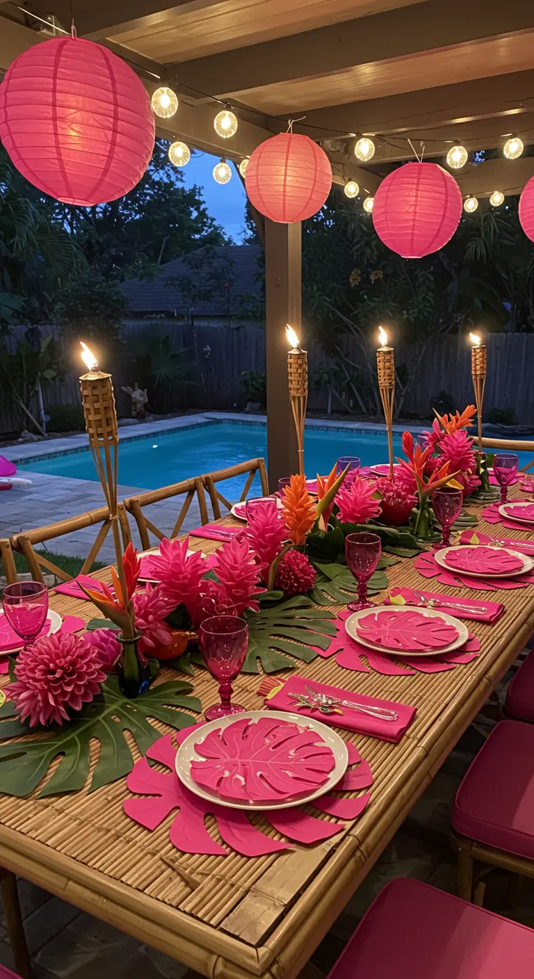 Outdoor tiki-themed table with hot pink lanterns, flowers, and leaf-shaped placemats.