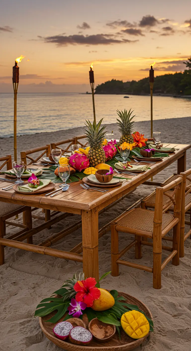A tropical beach dinner table with bamboo furniture and a fruit centerpiece at sunset.