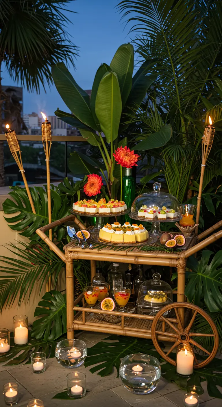 Bamboo bar cart dessert station surrounded by tropical plants, tiki torches, and passionfruit desserts.