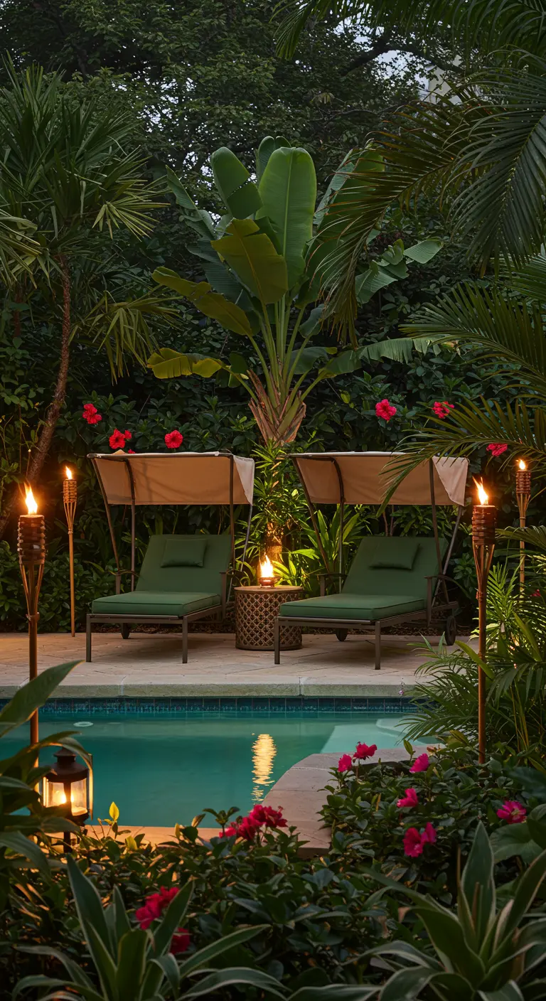 Two sunbeds with canopies nestled by a pool in a tropical garden lit by tiki torches.