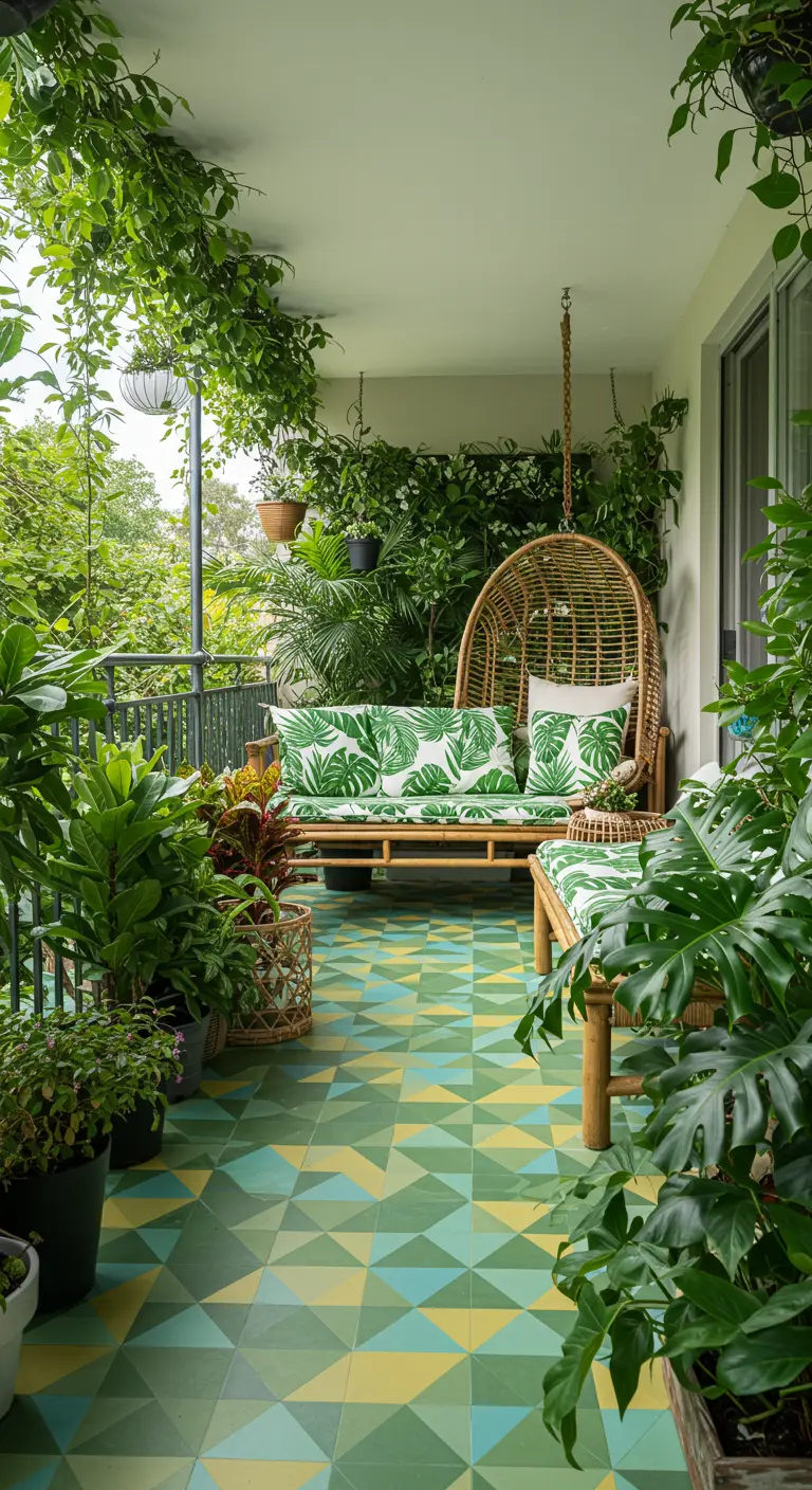 A lush, plant-filled balcony with green and yellow geometric tiles and rattan furniture.