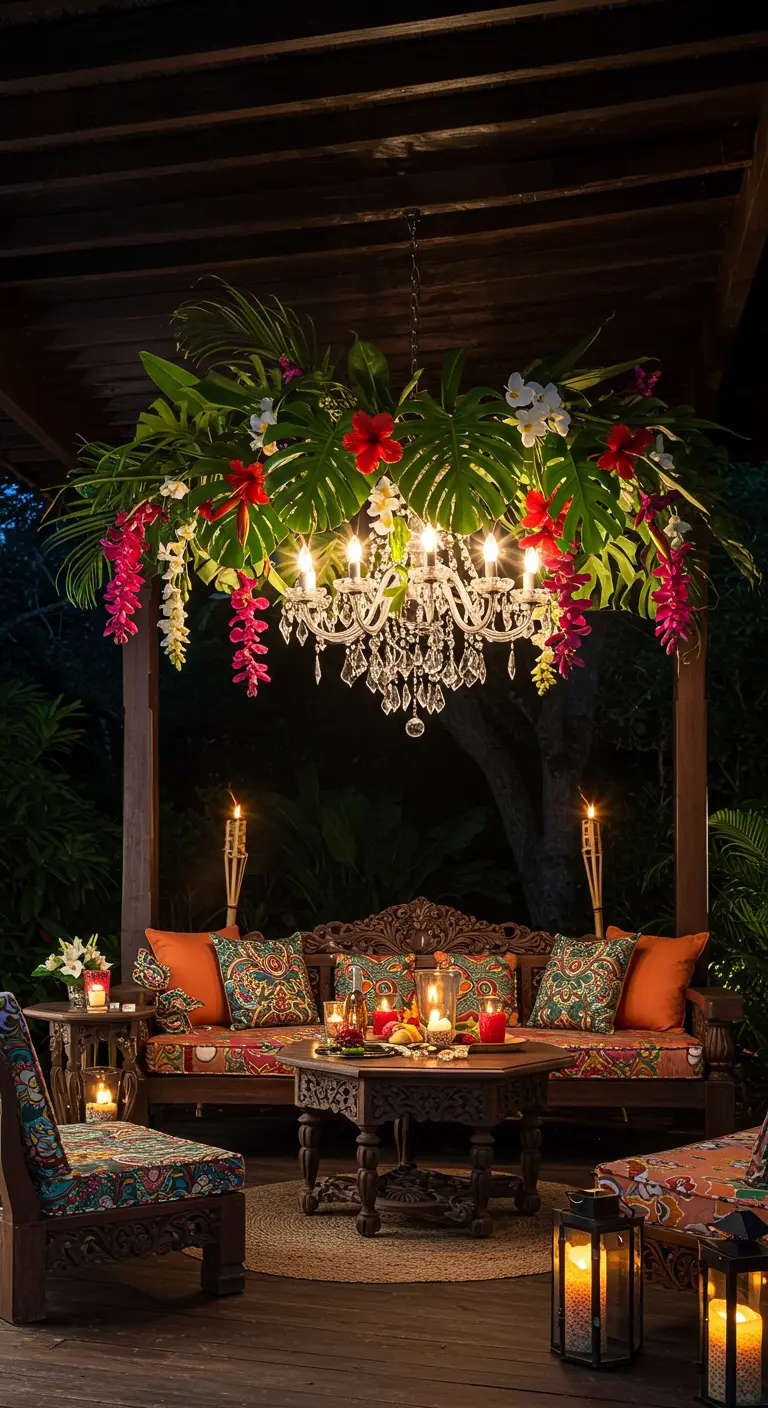 A crystal chandelier draped in tropical leaves and bright red and pink flowers.