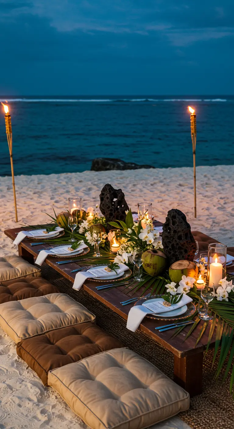 A low beach picnic table with floor cushions, lit by tiki torches, with orchids and coconuts.