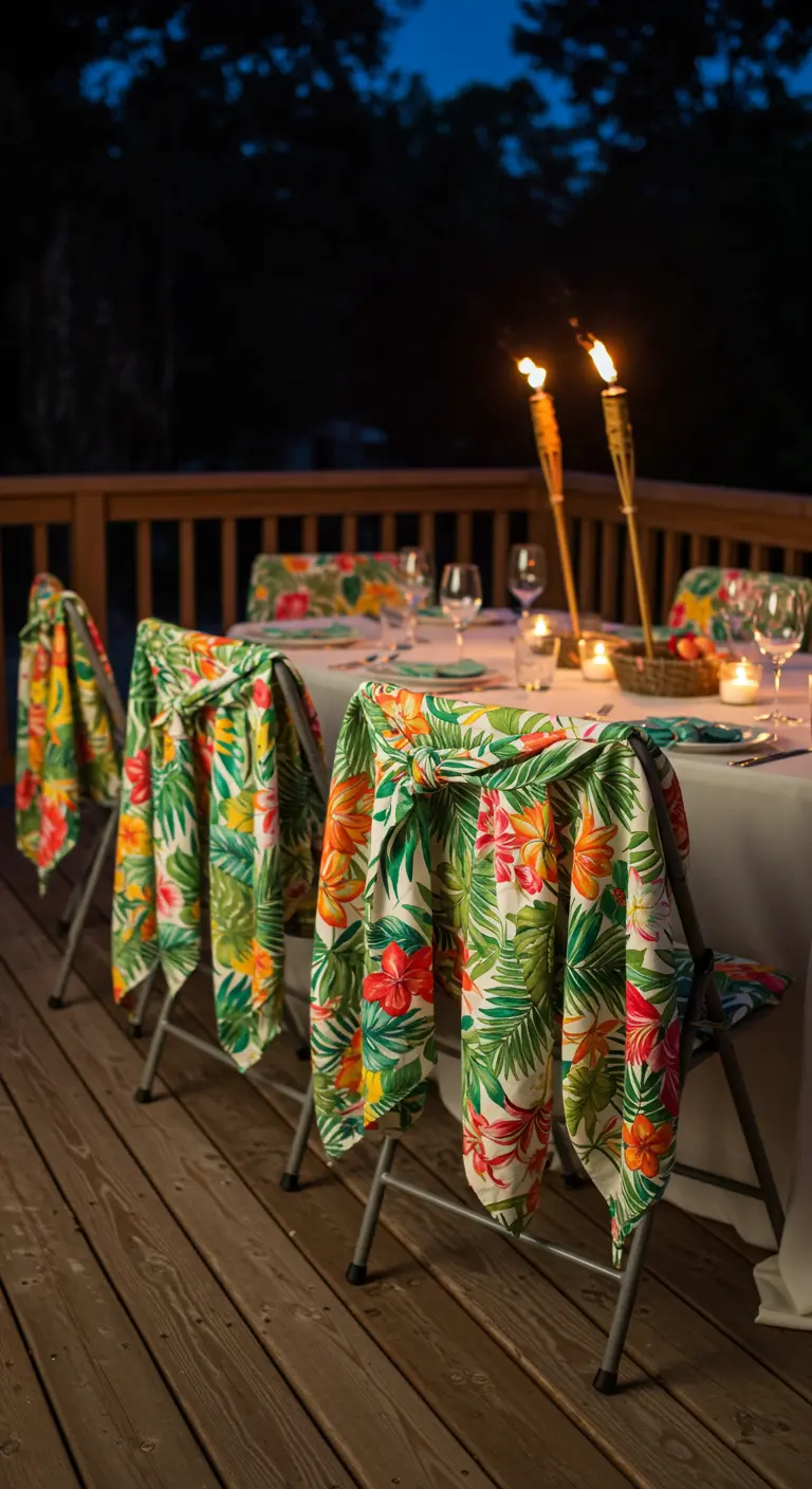 Folding chairs on a deck decorated with vibrant tropical print fabric.