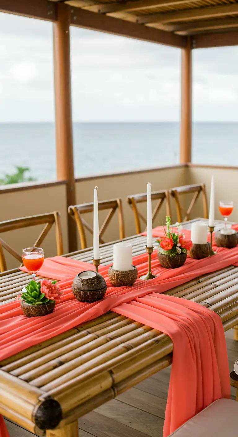 A bamboo table on a terrace overlooking the ocean, with a bright coral runner and coconut shell decor.