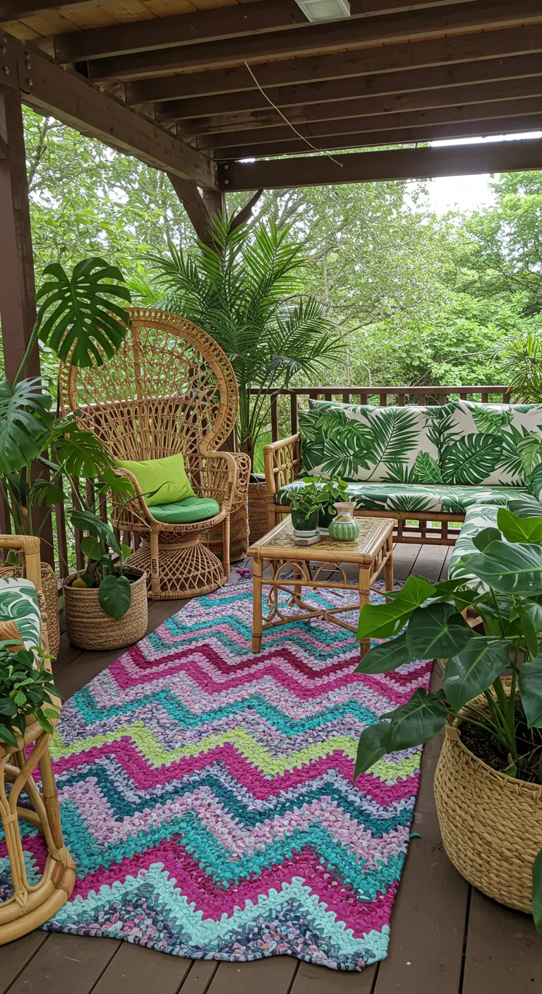 A vibrant tropical-themed porch with a brightly colored rug, rattan furniture, and many plants.