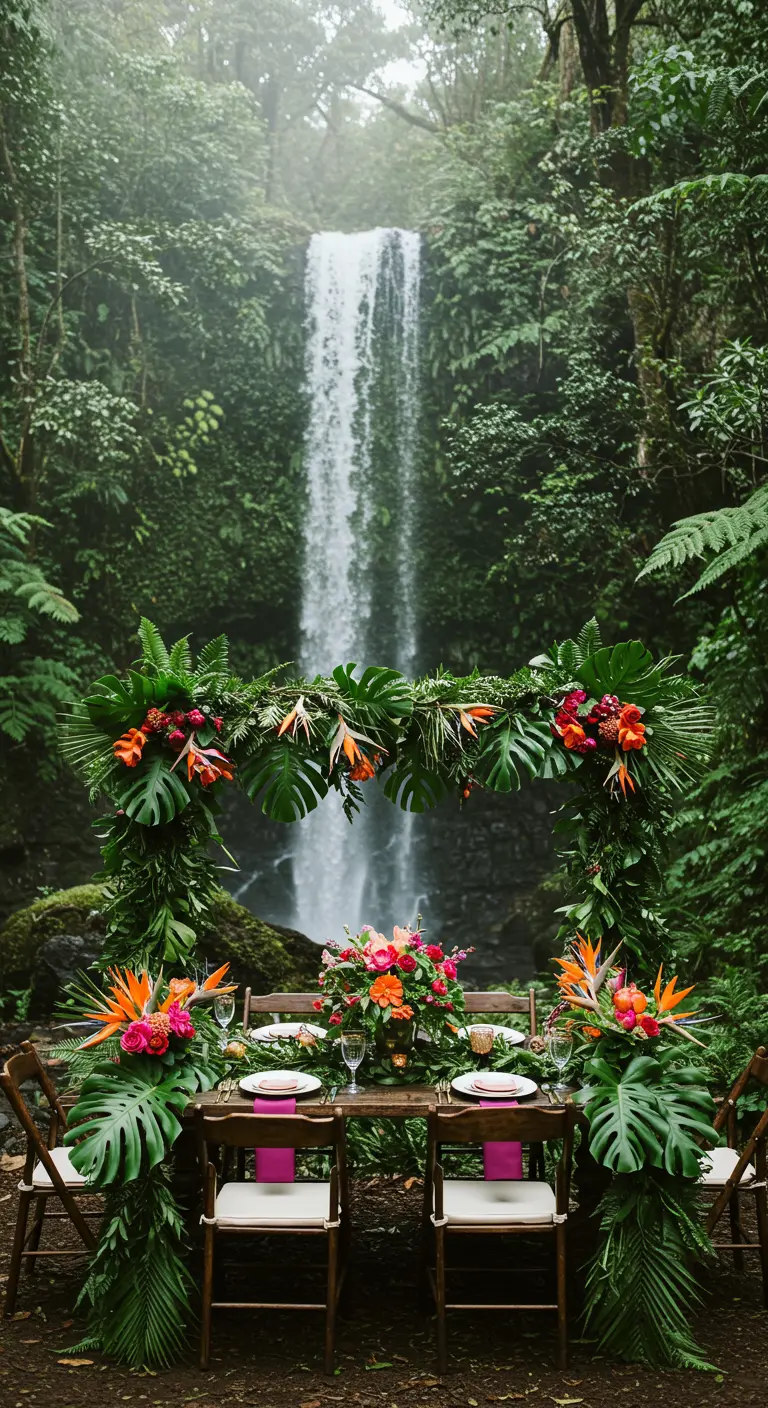 Tropical wedding table and arch decorated with monstera leaves by a waterfall.