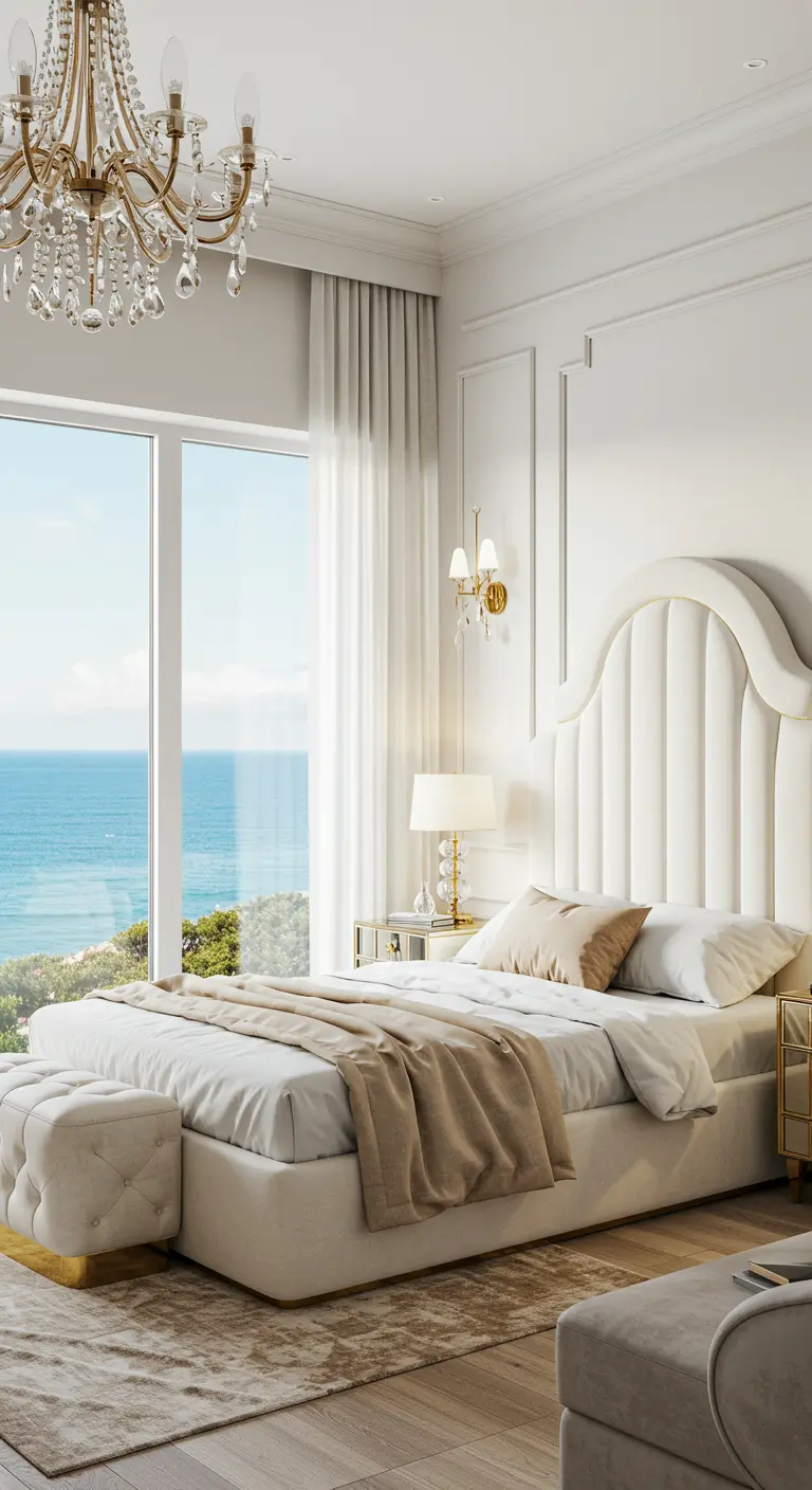 Bright, airy bedroom with a white tufted bed, gold accents, and a large window with an ocean view.