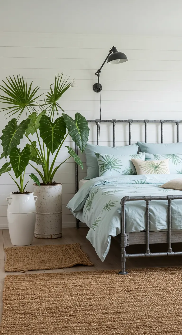 Bedroom with white shiplap walls and a bed made from galvanized metal pipes.