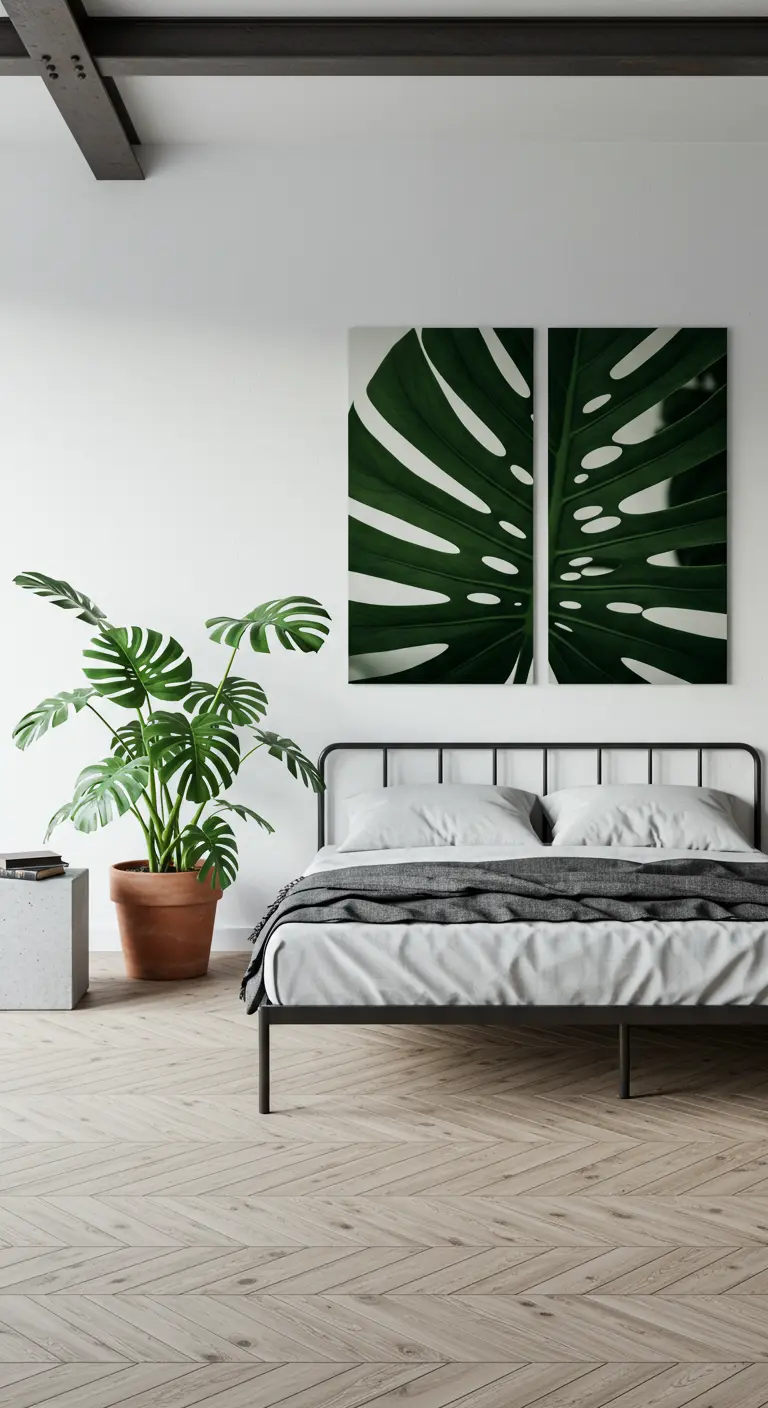 Minimalist bedroom with a black metal bed, a large Monstera plant, and a two-panel leaf artwork.