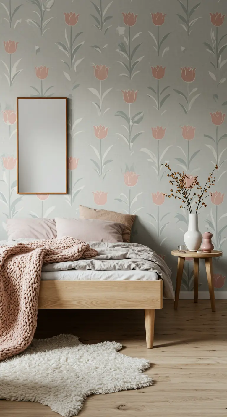 Scandinavian-style bedroom with a stylized tulip wallpaper, a light wood bed, and a simple mirror.