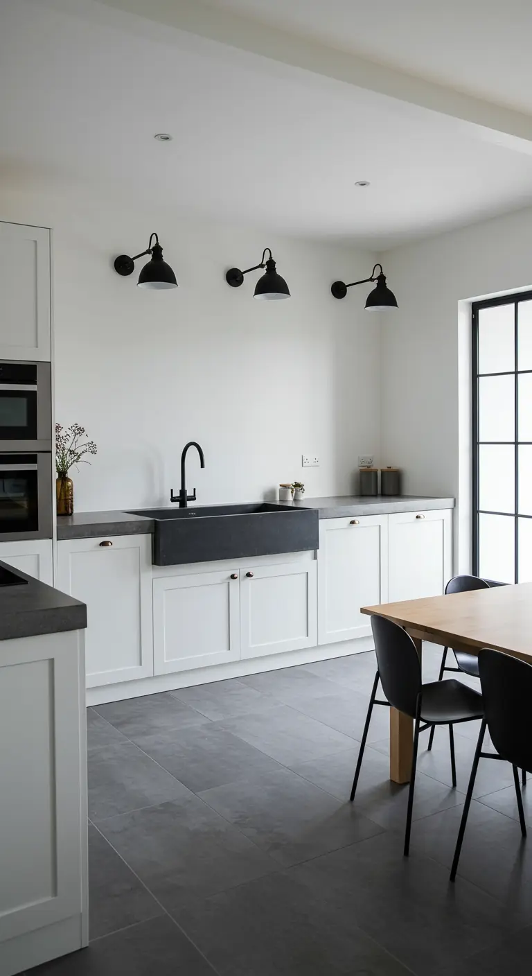 Modern farmhouse kitchen with white cabinets, black countertops, and a black sink.