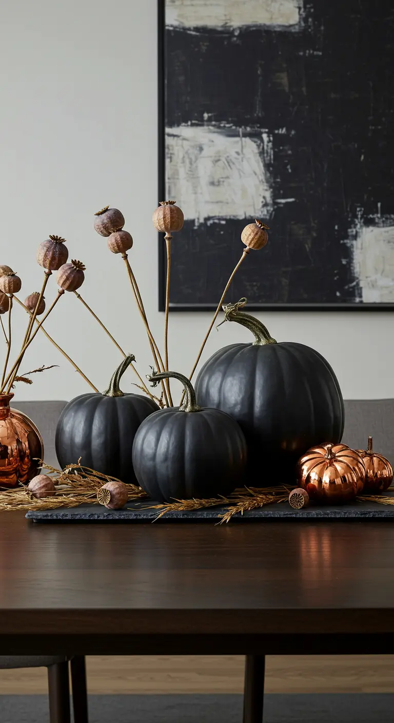Minimalist centerpiece with matte black pumpkins and shiny copper gourds on a slate tray.