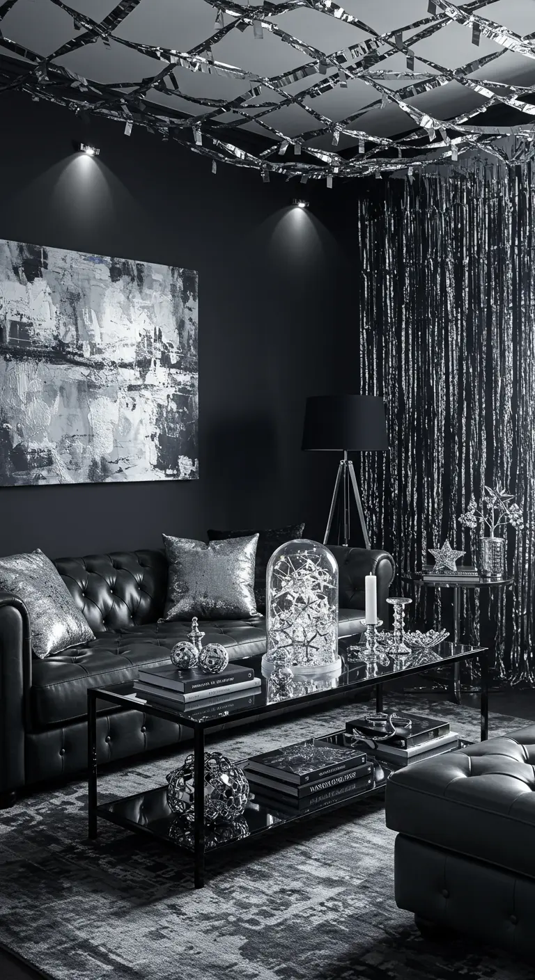 A modern, dark living room decorated entirely in silver and black.